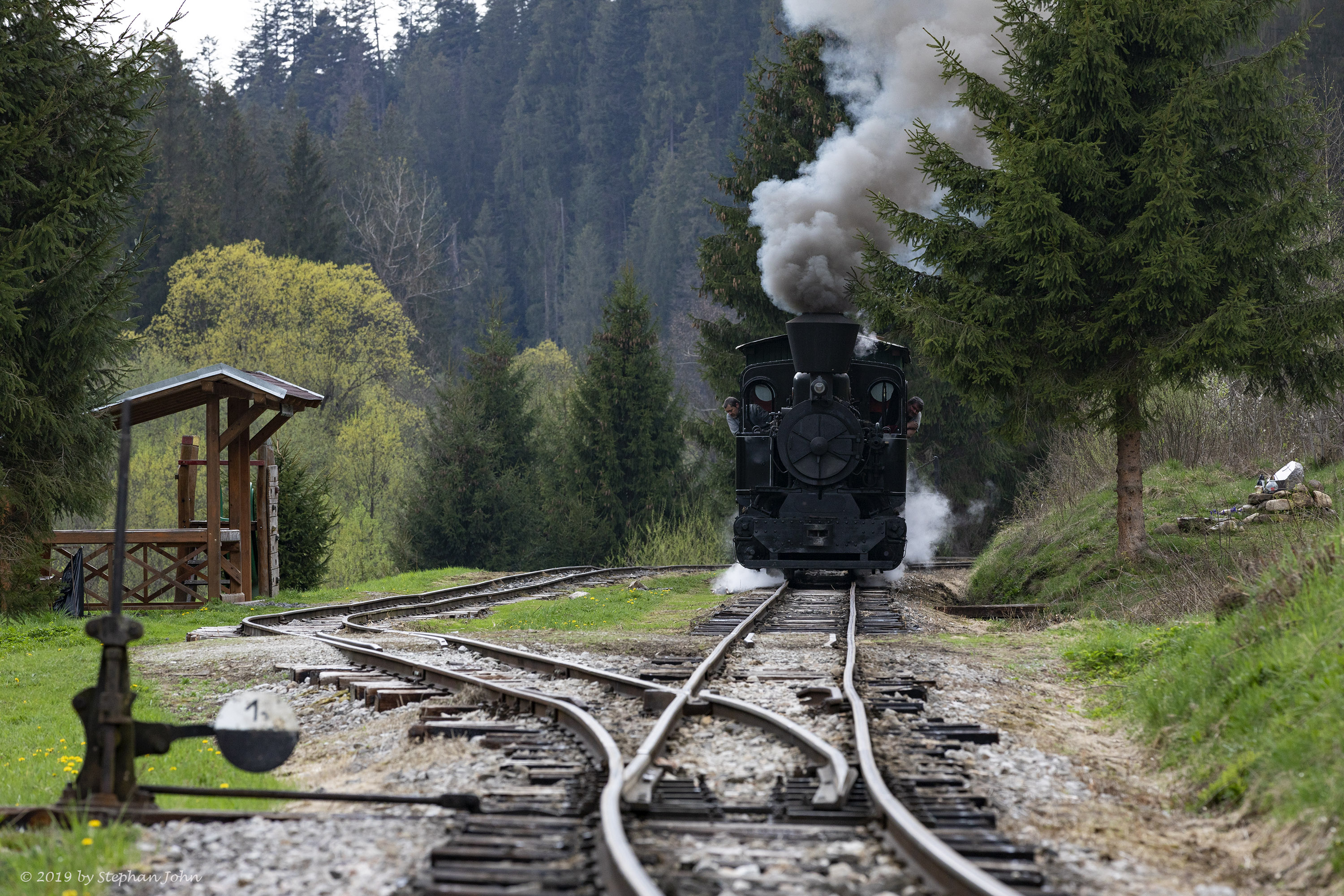 Holzzug fährt durch Šánske in Richtung Čierny Balog