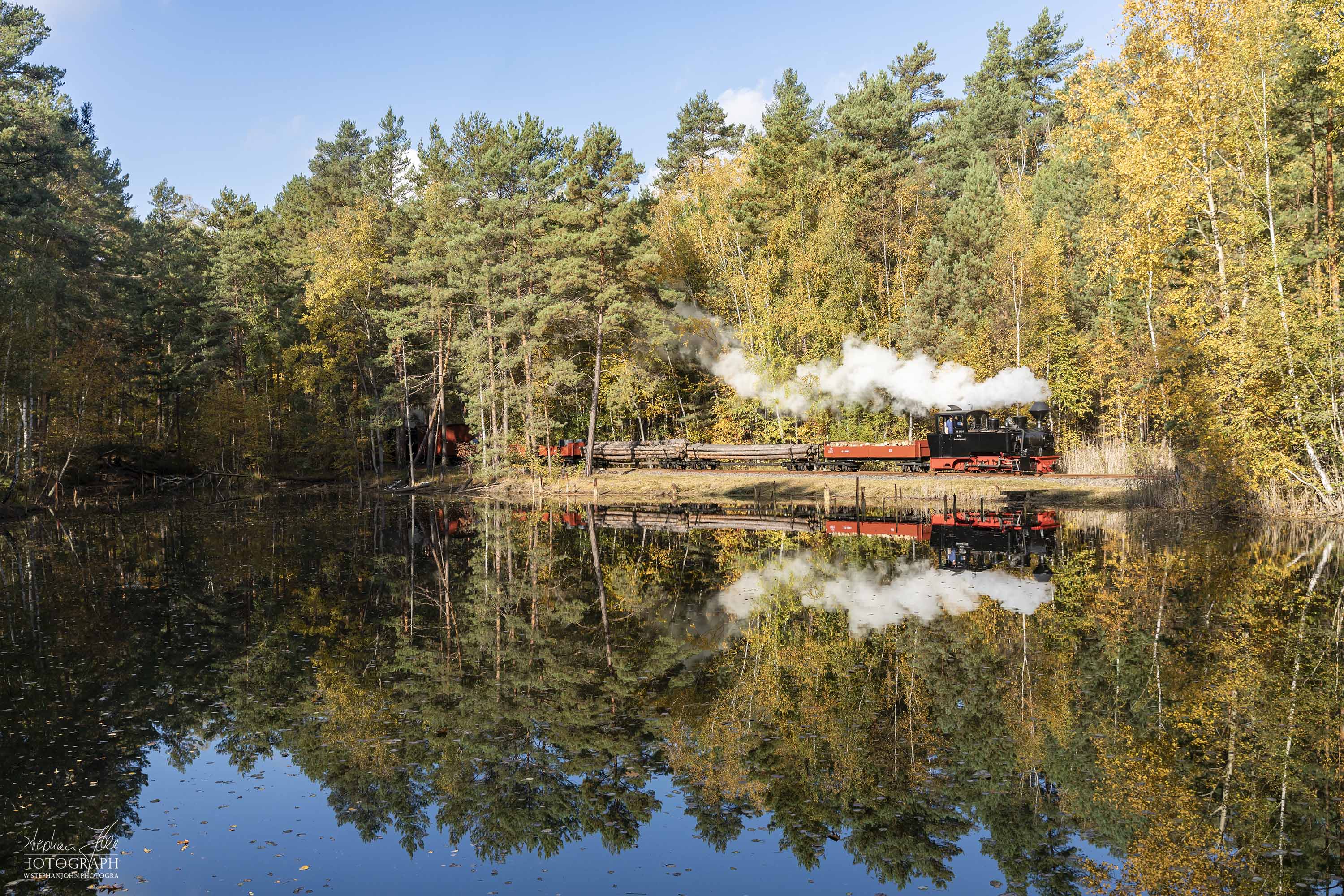 Lok 99 3312 fährt mit einem Holzzug bei bestem Wetter durch den bunten Herbstwald nach Weißwasser