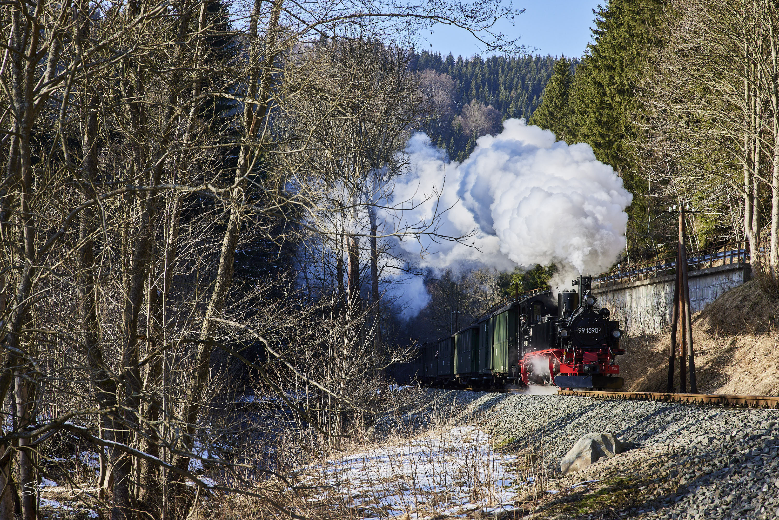 Zug 14115 mit Lok 99 1590-1 kurz vor dem Haltepunkt Forellenhof