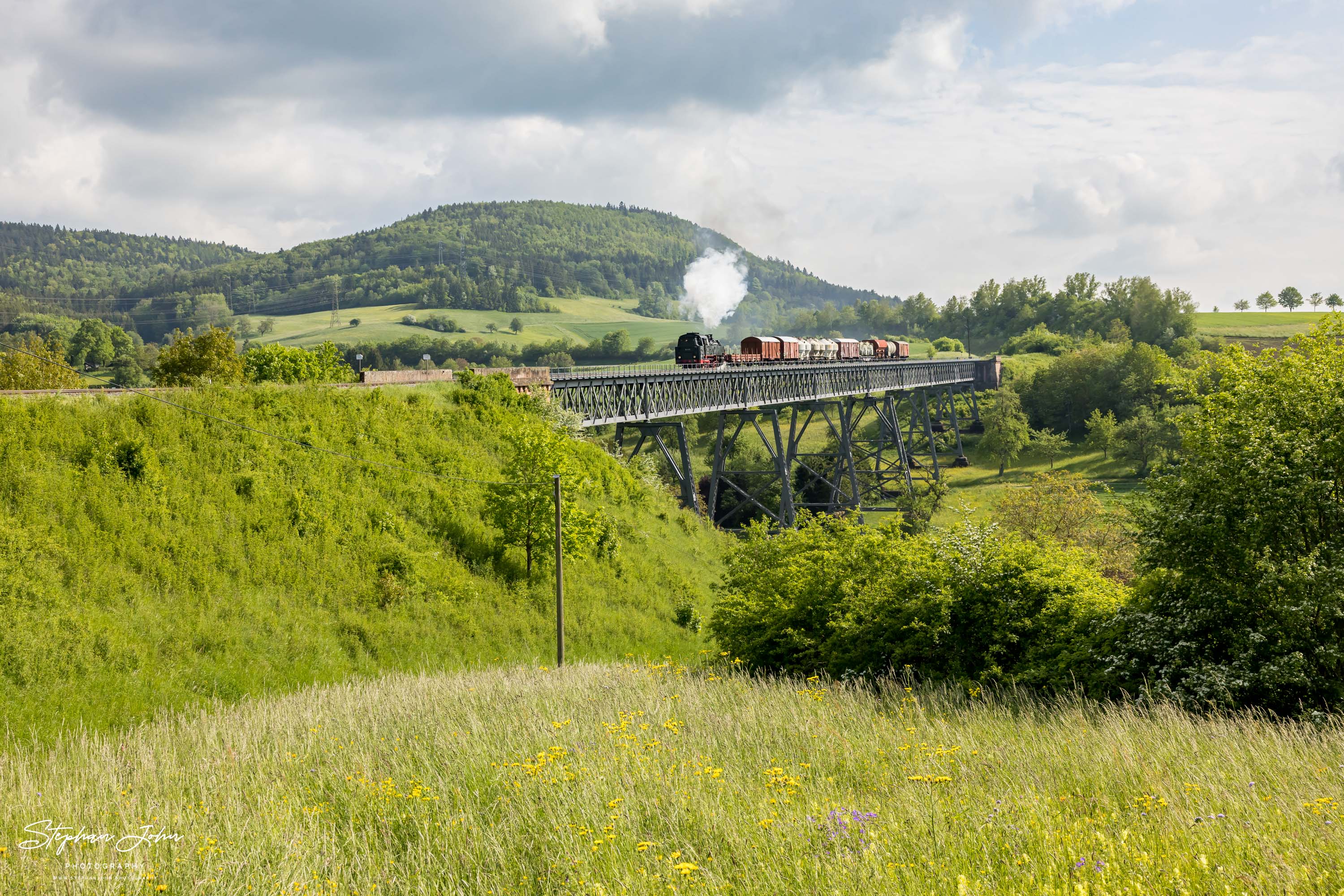 Lok 64 419 mit einem Güterzug nach Fützen überqurt den Epfenhofer Viadukt