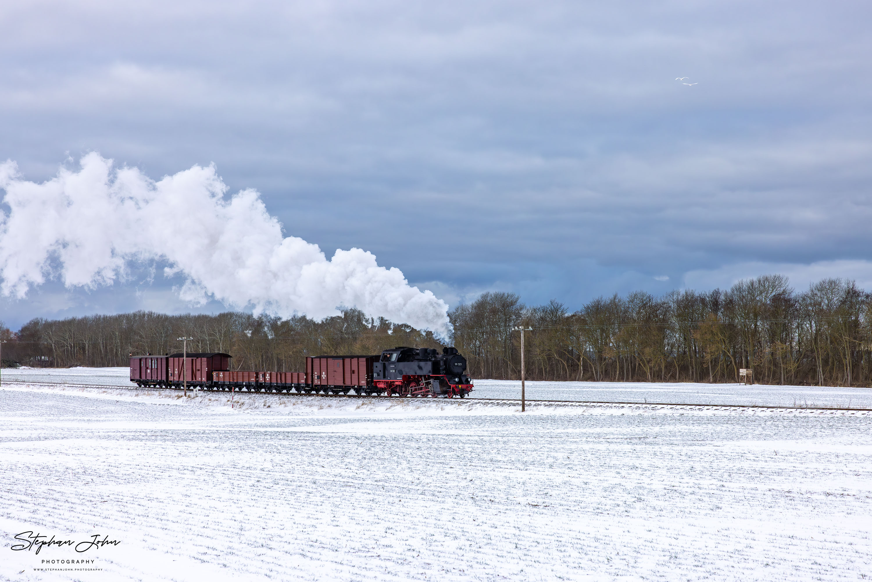 Lok 99 323 mit einem Güterzug auf dem Weg von Kühlungsborn West nach Heiligendamm